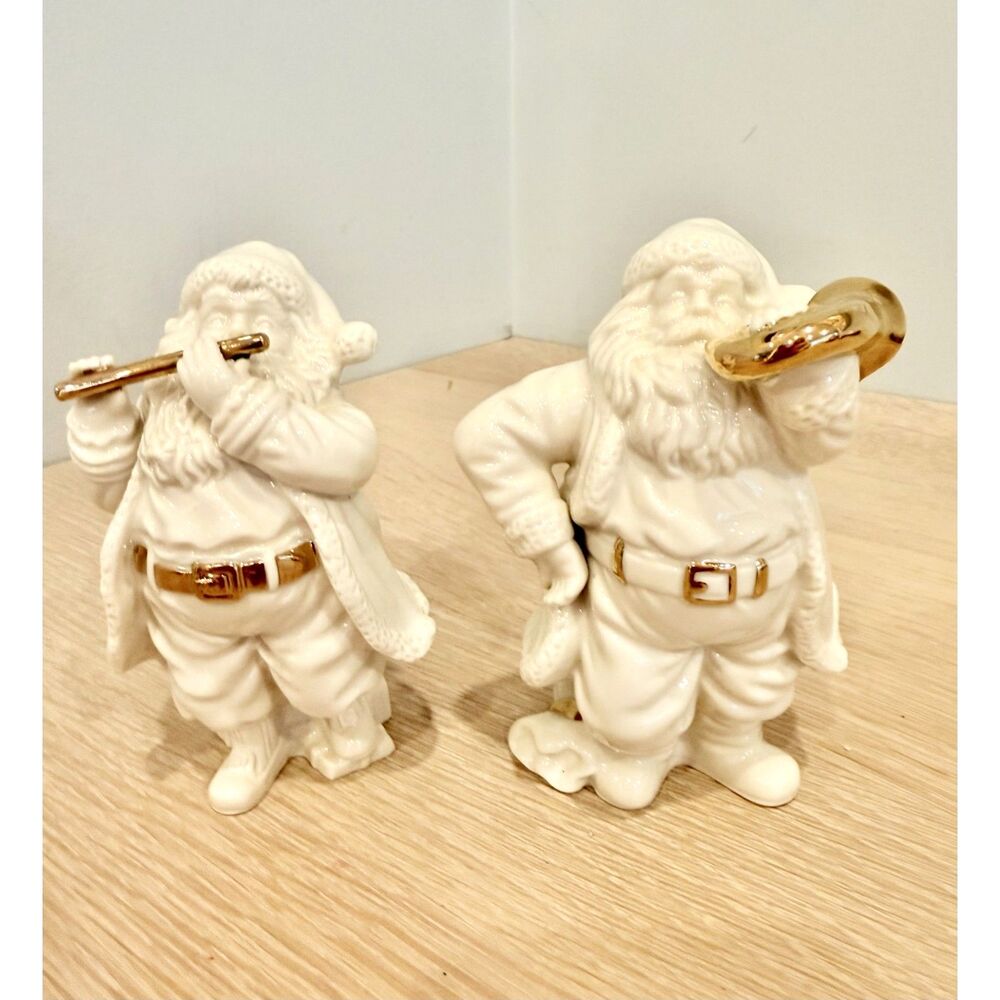 Vintage Lenox Ivory & Gold Porcelain Santa Figurines – Musical Pair - 24k gold